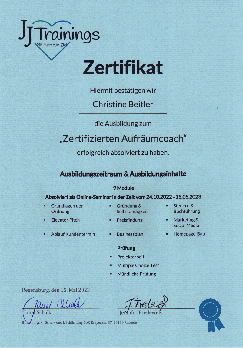 Zertifikat Aufräumcoach Christine Beitler Ordnungscoaching